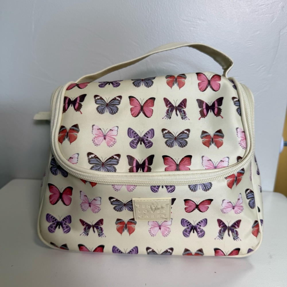 Tender Love + Carry Butterly Print Makeup Bag Top Zip Large Handle Travel